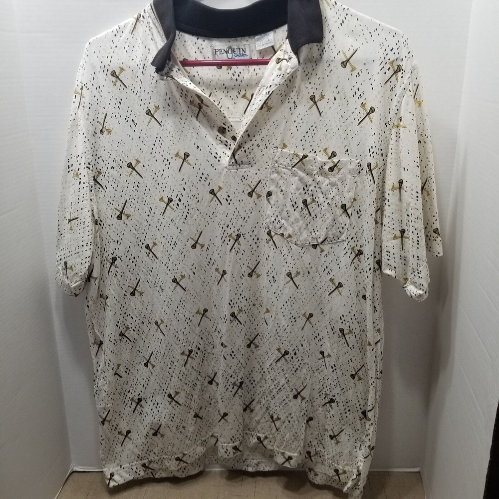 Penguin Sport Men's Polo Shirt Size M Ivory With Golf Tees Print Short Sleeve - Picture 9 of 9